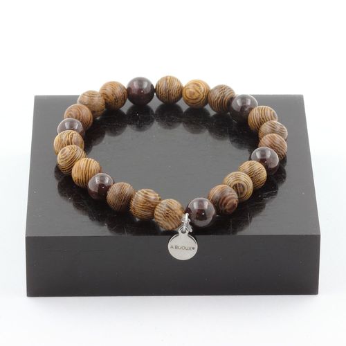 Bracelet Perles Grenat + Bois 8 Mm. Fabriqué En France.