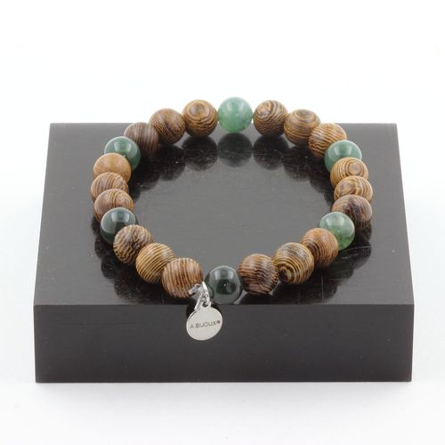 Bracelet Perles Agate Mousse + Bois 8 Mm. Fabriqué En France.