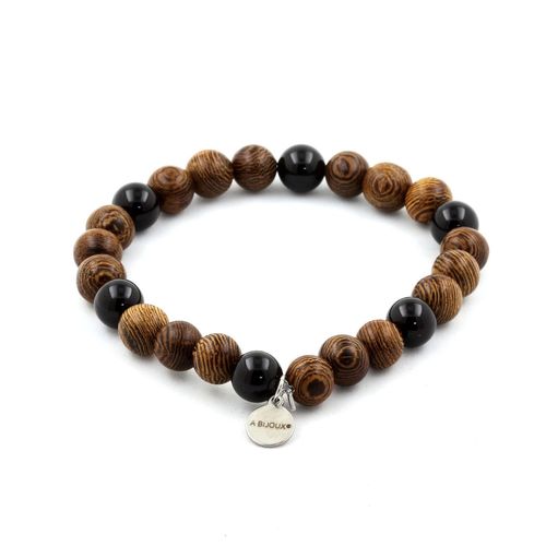 Bracelet Perles Tourmaline Schorl Du Brésil + Bois 8 Mm. Fabriqué En France.
