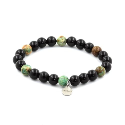 Bracelet Perles Agate Noire + Turquoise Du Pérou 8 Mm. Fabriqué En France.