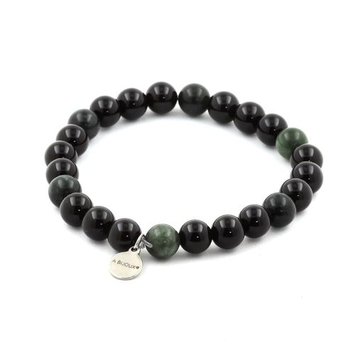 Bracelet Perles Agate Noire + Seraphinite De Russie 8 Mm. Fabriqué En France.