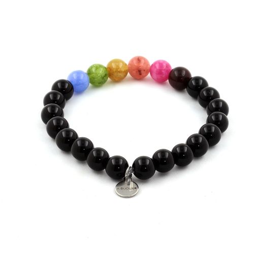 Bracelet Perles Tourmaline Multicolore + Agate Noire 8 Mm. Fabriqué En France.
