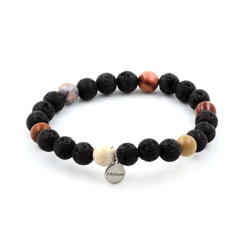 Bracelet Perles Bois Pétrifié + Lave 8 Mm. Fabriqué En France.