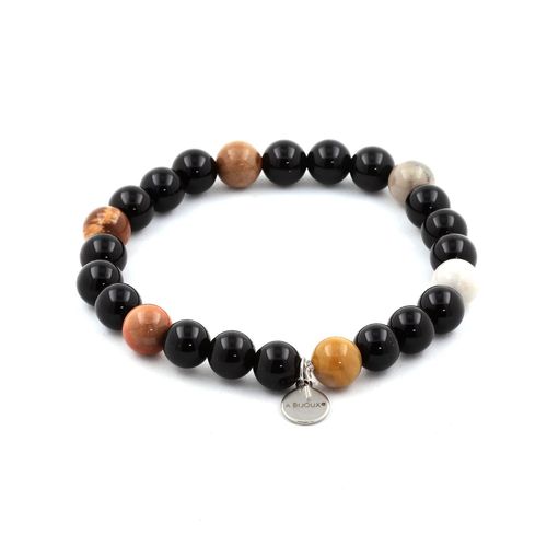 Bracelet Perles Bois Pétrifié + Agate Noire 8 Mm. Fabriqué En France.