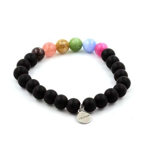 Bracelet Perles Tourmaline Multicolore + Onyx Noir Mat 8 Mm. Fabriqué En France.