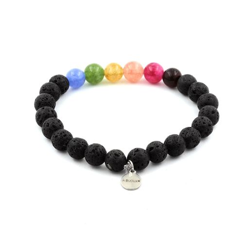 Bracelet Perles Tourmaline Multicolore + Lave 8 Mm. Fabriqué En France.