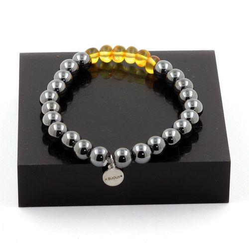 Bracelet Perles Ambre Véritable De La Mer Baltique + Hématite 8 Mm. Fabriqué En France.