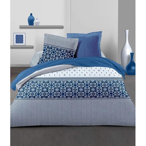 Home Linge Passion - Housse De Couette - 3 Pièces - 100% Coton - 57 Fils - 2 Personnes - 220x240 Cm - Nuit Berbere Bleu