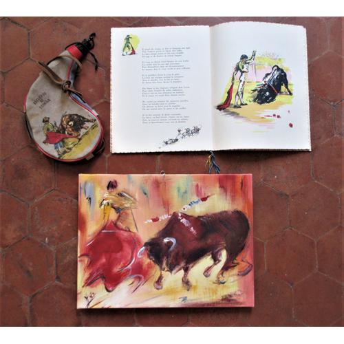 Lot Tauromachie- Corrida -Torero- Taureaux - Livre La Fiesta Du Sang + Tableau Huile + Gourde Peau