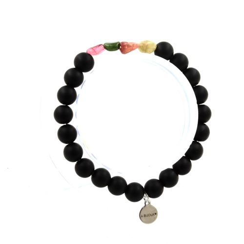 Bracelet Tourmaline Multicolore Du Brésil + Perles Onyx Noir Mat 8 Mm. Fabriqué En France.