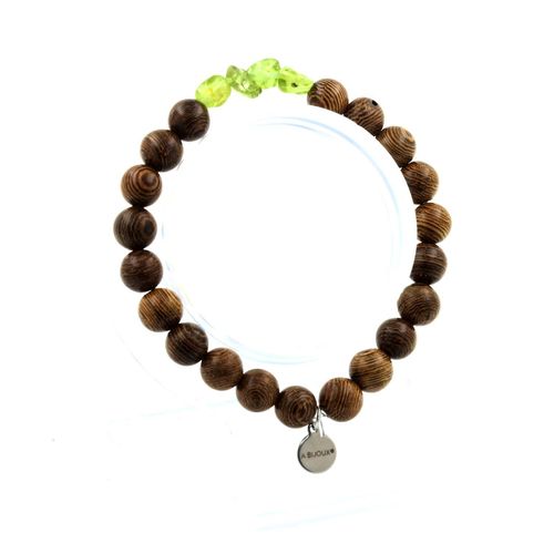 Bracelet Péridot De Myanmar (Birmanie) + Perles Bois 8 Mm. Fabriqué En France.