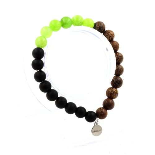 Bracelet Perles Péridot + Onyx Noir Mat + Bois 8 Mm. Fabriqué En France.
