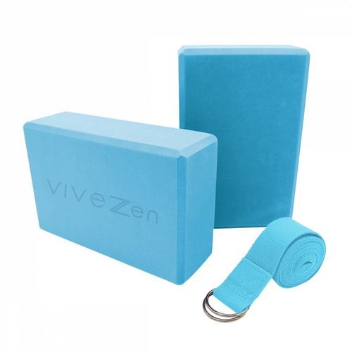 Vivezen ® Lot De 2 Briques De Yoga 23 X 15 X 7,5 Cm Et Sangle De Yoga 183 X 3,8 Cm - Eva - Bleu