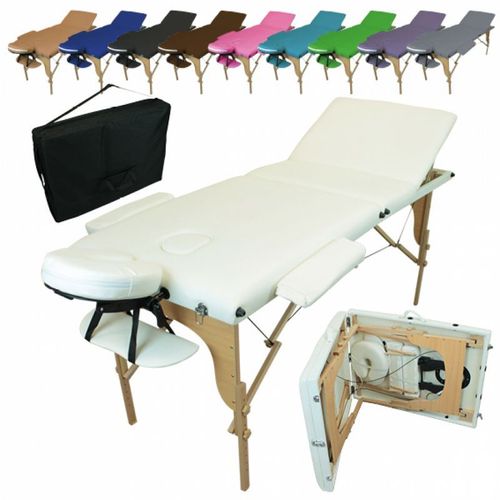 Vivezen ® Table De Massage Pliante 3 Zones En Bois Avec Panneau Reiki + Accessoires Et Housse De Transport - Blanc