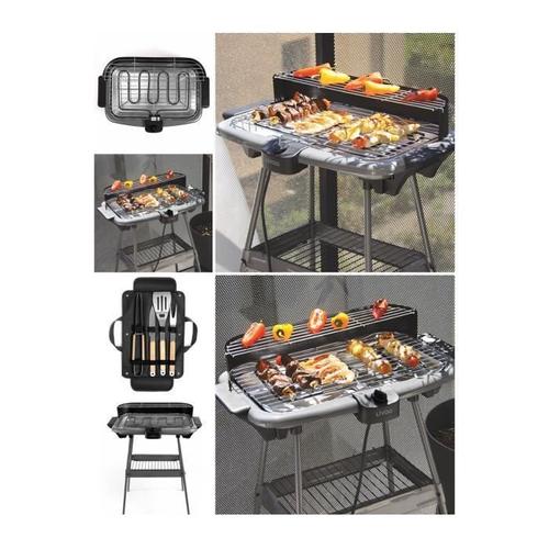 Barbecue Electrique sur Pieds ou de Table Gris 2000W + Set de 4 accessoires pour barbecue Acier inoxydable avec finition bois