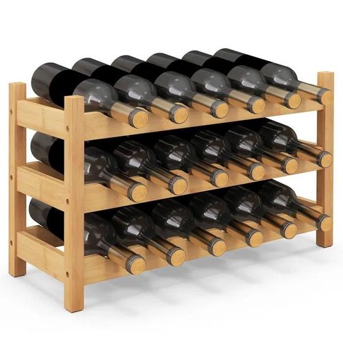 Costway Support De Vin En Bambou À 3 Niveaux, Casier À Vin Pour 18 Bouteilles, Pour Cuisine, Garde-Manger, Pub, Cave À Vin, Naturel