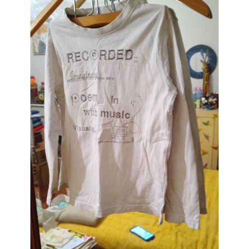 Tee-Shirt Blanc Motifs Cousus Gris 8 Ans Vintage Années 90 Okaïdi.