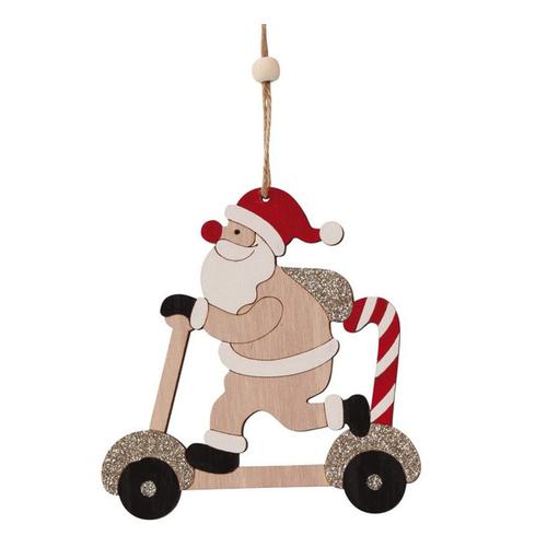 Père Noël sur trottinette en bois suspendue 12,5 cm