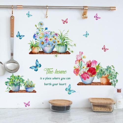 Stickers Muraux Plantes Pot Vertes Autocollant Mural Plante Fleur Papillon  pour Cuisine Salon Décoration