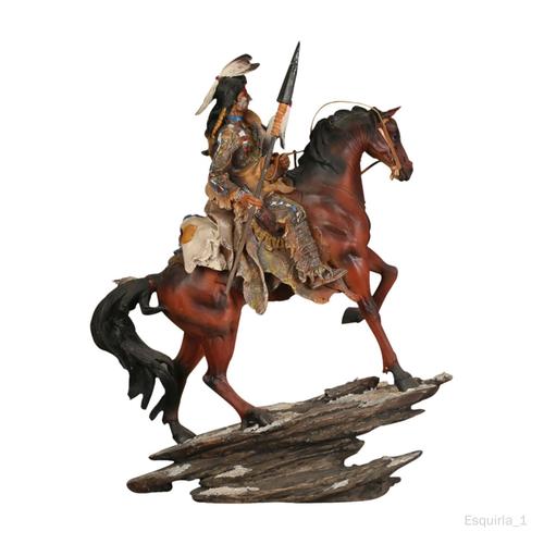 Chef Tribal Avec Coiffe De Bataille Tenant Une Lance Statue Sculpture Patrimoine Figurine G 39x29cm