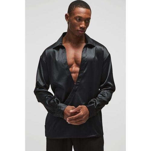 Chemise Oversize Satinée À V Homme - Noir - M, Noir