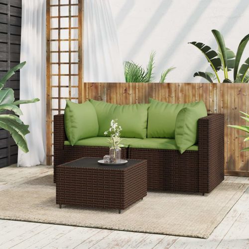 Prolenta Premium - Salon De Jardin 3 Pcs Avec Coussins Marron Résine Tressée