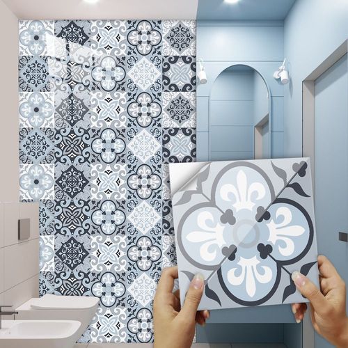10 PCS Papier Peint Carrelage Autocollant Bleu 10 x 10 cm Style Mosaïque Sticker Mural Film Décoratif Imperméable pour Carreaux de Mur de Salle de Bains et de Cuisine