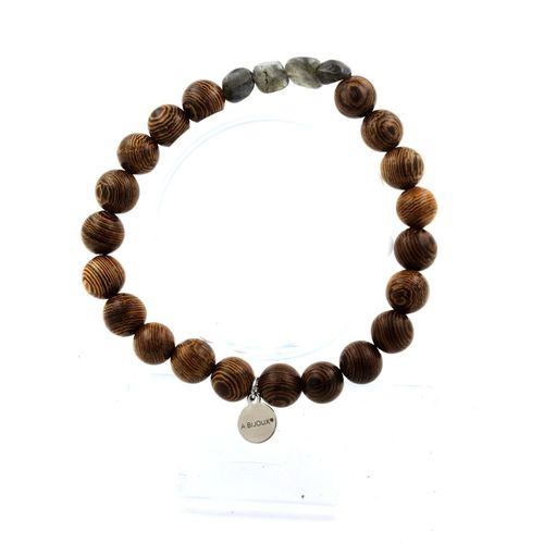 Bracelet Labradorite De Finlande + Perles Bois 8 Mm. Fabriqué En France.
