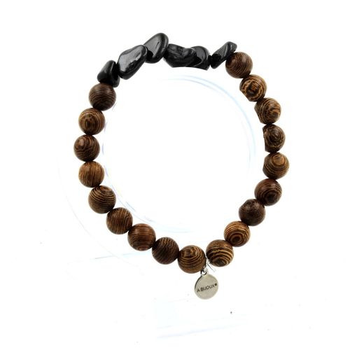 Bracelet Tourmaline Schorl Du Brésil + Perles Bois 8 Mm. Fabriqué En France.