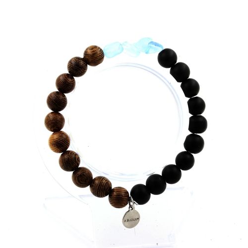 Bracelet Aigue-Marine Du Brésil + Perles Onyx Noir Mat + Bois 8 Mm. Fabriqué En France.