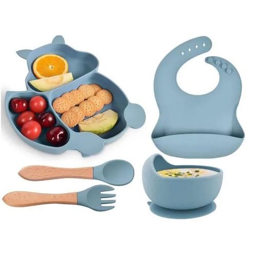 Assiette Bébé Set Repas Avec Ventouse, Lot De 5 Silicone Vaisselle Enfant Garcon Antiderapant Bol Assiette Bebe Bavoirs , Bleu
