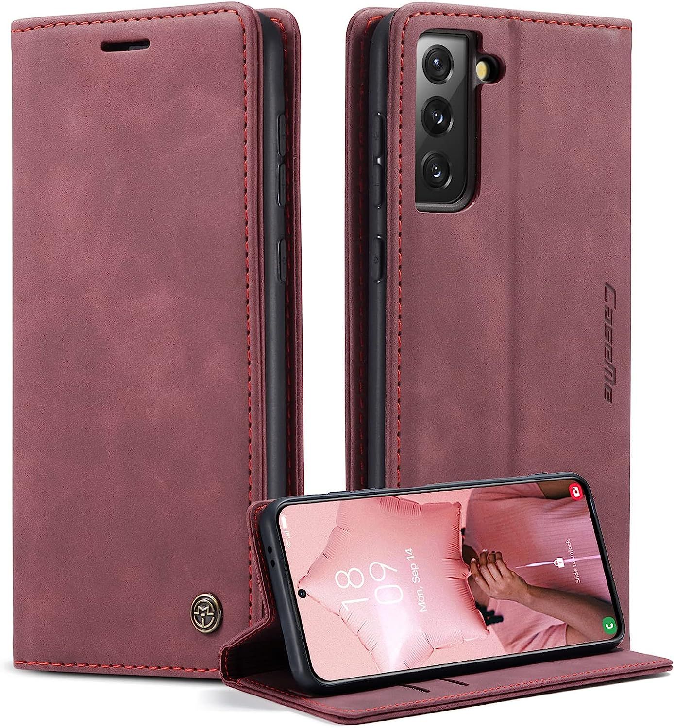 Coque Pour Samsung Galaxy S21 5g Housse En Cuir Premium Pu Pochette Portefeuille Magnétique Etui De Protection Pour Samsung Galaxy S21 5g (6.2 Pouce)-Vin Rouge