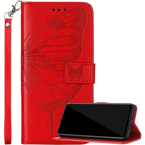 Housse Coque Pour Oppo A54 5g, Etui Pour Oppo A54 5g Étui Housse En Cuir Papillon, Portefeuille Avec Fentes Pour Cartes Et Magnétique Silicone Souple Housse Pour Oppo A54 5g Rouge