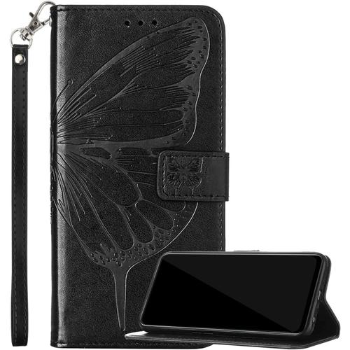 Housse Coque Pour Oppo Realme C21y, Etui Pour Oppo Realme C21y Étui Housse En Cuir Papillon, Portefeuille Avec Fentes Pour Cartes Et Magnétique Silicone Souple Housse Pour Oppo Realme C21y Noir