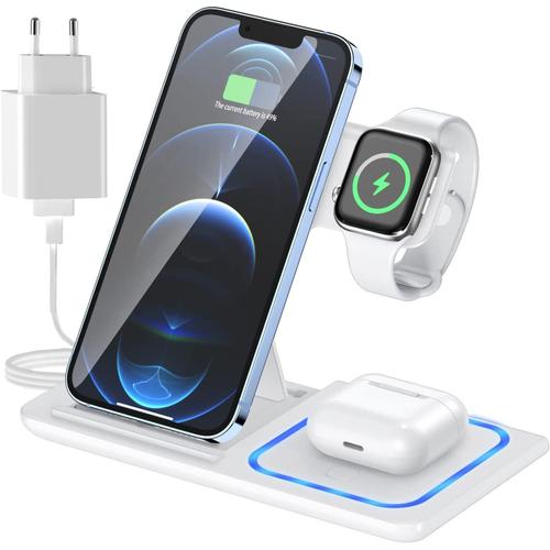 Chargeur sans Fil 3 in 1,Applicable À Station De Chargeur Induction pour  Apple Watch Et Iphone, 18W Charge Rapide Applicable À Iphone  14/13/12/11/Pro Max/Galaxy/Iwatch 8/Airpods 3(White)