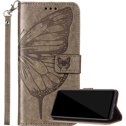 Housse Coque Pour Oneplus Nord, Etui Pour Oneplus Nord Étui Housse En Cuir Papillon, Portefeuille Avec Fentes Pour Cartes Et Magnétique Silicone Souple Housse Pour Oneplus Nord Gris