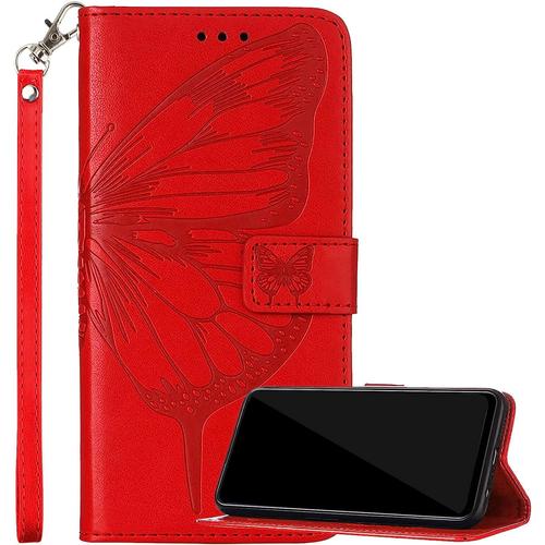 Housse Coque Pour Oppo A94 5g, Etui Pour Oppo A94 5g Étui Housse En Cuir Papillon, Portefeuille Avec Fentes Pour Cartes Et Magnétique Silicone Souple Housse Pour Oppo A94 5g Rouge