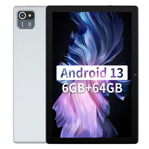 Tablette 10 Pouces, Android 13 Tablette avec 6 Go de RAM + 64 Go ROM + 128 Go SD Extension, 5000 mAh, Wi-Fi, Double Caméra, Tablette Tactile avec Quad Core Processeur - Argent