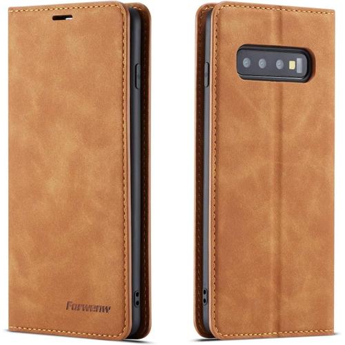 Coque Pour Samsung Galaxy S10 Plus, Tenphone Etui Protection Housse Premium Pu En Cuir Livre Cover Antichoc Magnétique Portefeuille (Jaune)