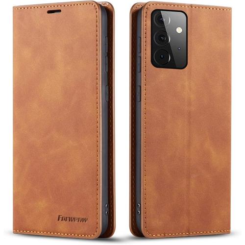 Coque Pour Samsung Galaxy A72, Tenphone Etui Protection Housse Premium Pu En Cuir Livre Cover Antichoc Magnétique Portefeuille (Jaune)