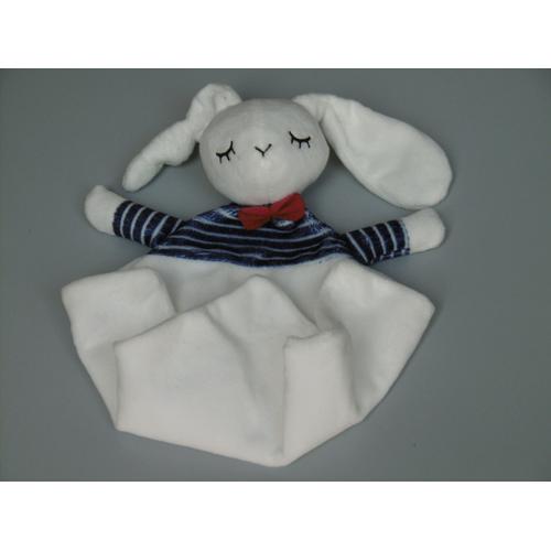 Doudou plat Lapin blanc et rayé bleu marine + anneau ENVIE DE FRAISE