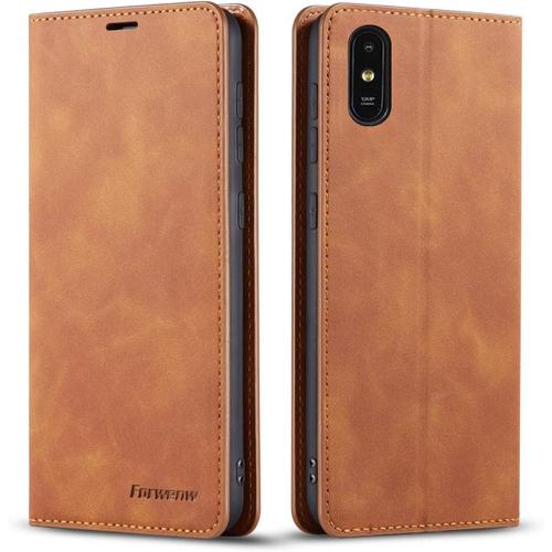 Coque Pour Xiaomi Redmi 9a, Tenphone Etui Protection Housse Premium Pu En Cuir Livre Cover Antichoc Magnétique Portefeuille (Jaune)