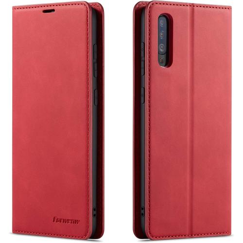 Coque Pour Samsung Galaxy A50, Tenphone Etui Protection Housse Premium Pu En Cuir Livre Cover Antichoc Magnétique Portefeuille (Rouge)