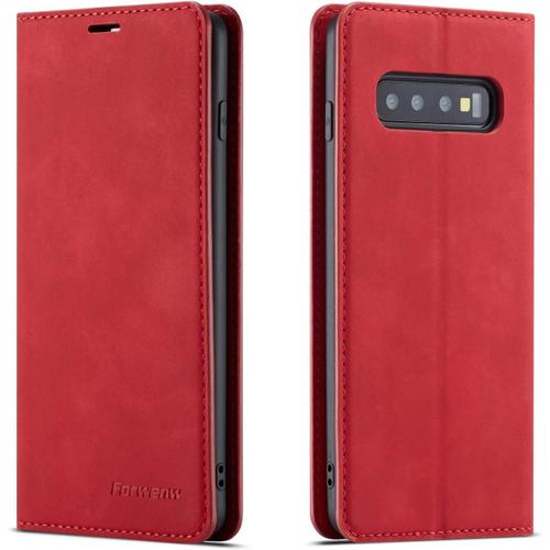 Coque Pour Samsung Galaxy S10 Plus, Tenphone Etui Protection Housse Premium Pu En Cuir Livre Cover Antichoc Magnétique Portefeuille (Rouge)