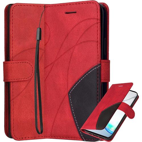 Housse Coque Pour Samsung Galaxy A12 5g, Étui Galaxy A12 5g Housse En Cuir Portefeuille Avec Fentes Pour Cartes Et Fermeture Magnétique, Silicone Souple Etui Pour Samsung A12 5g, Rouge