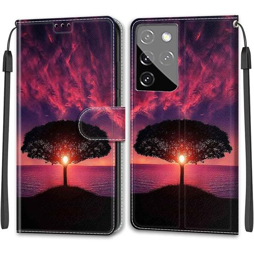 Snclett Pour Samsung Galaxy S21 Ultra Housse De Protection, Galaxy S21 Ultra Flip Cover Fente Pour Carte Colorful Portefeuille Pu Cuir Anti-Rayures Protection Coque Pour Samsung S21 Ultra,Seaside Sunset