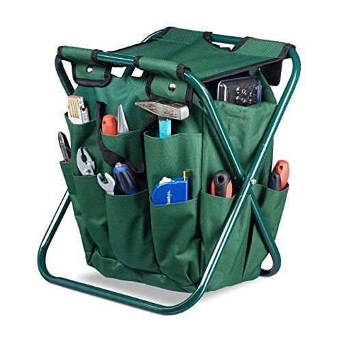 Relaxdays Tabouret Porte-Outils De Jardinage 16 Poches Et Compartiment Intérieur Pliable Hxlxp: 42 X 30 X 39 Cm, Vert