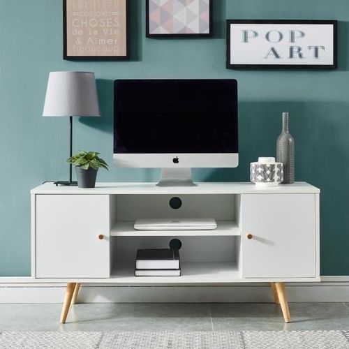 Annette Meuble Tv Scandinave Décor Blanc + Pieds En Bois Eucalyptus - L 116 Cm