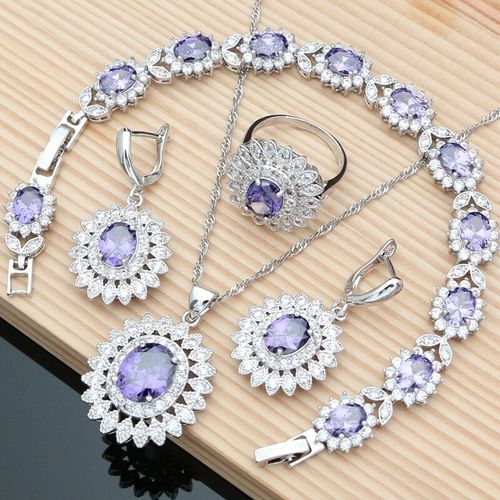 Ensemble De Bijoux Ovales Pour Femmes,Boucles D'oreilles,Pendentif,Collier,Bagues,Bracelet,,Bleu Zircon Blanc Cz Argent 925