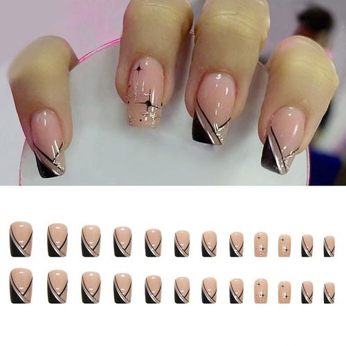 Faux Ongles À Pression, 24 Pièces, Manucure, Simple, Noir, Triangle, Bord Blanc Français, Court, Carré 